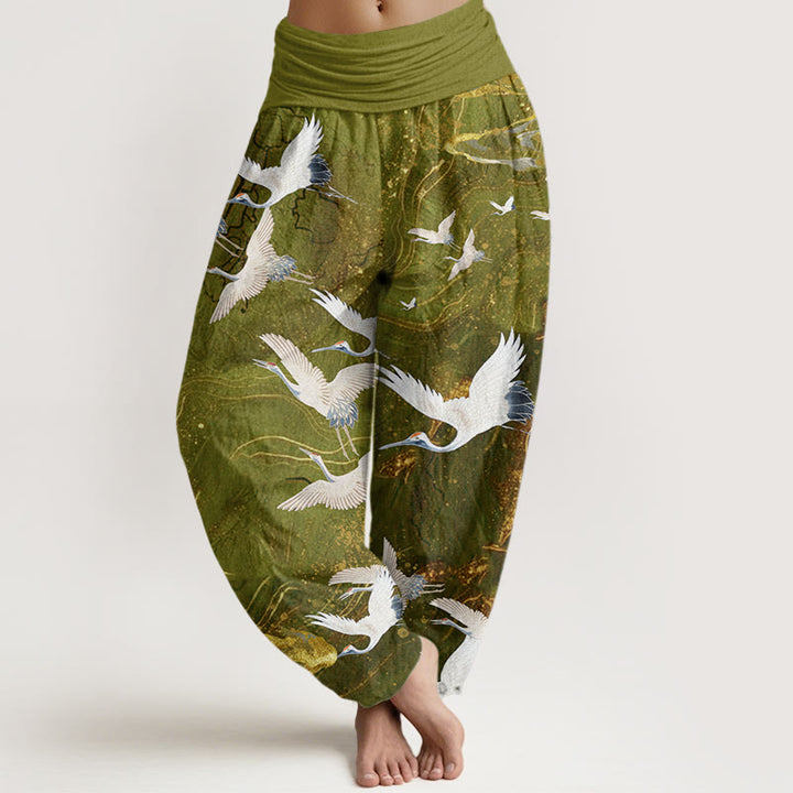 Pantalon harem à taille élastique pour femme, en coton, orné de Buddha Stones, de grues blanches volantes et de nuages ​​porte-bonheur - JauneVert - US22，UK/AU26，EU54 (6XL) - image 7