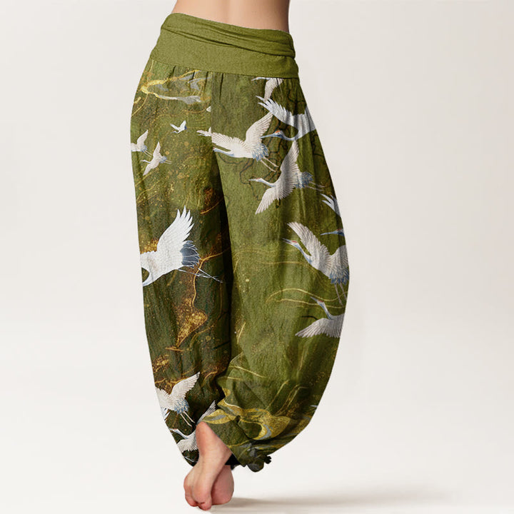 Pantalon harem à taille élastique pour femme, en coton, orné de Buddha Stones, de grues blanches volantes et de nuages ​​porte-bonheur - image 8