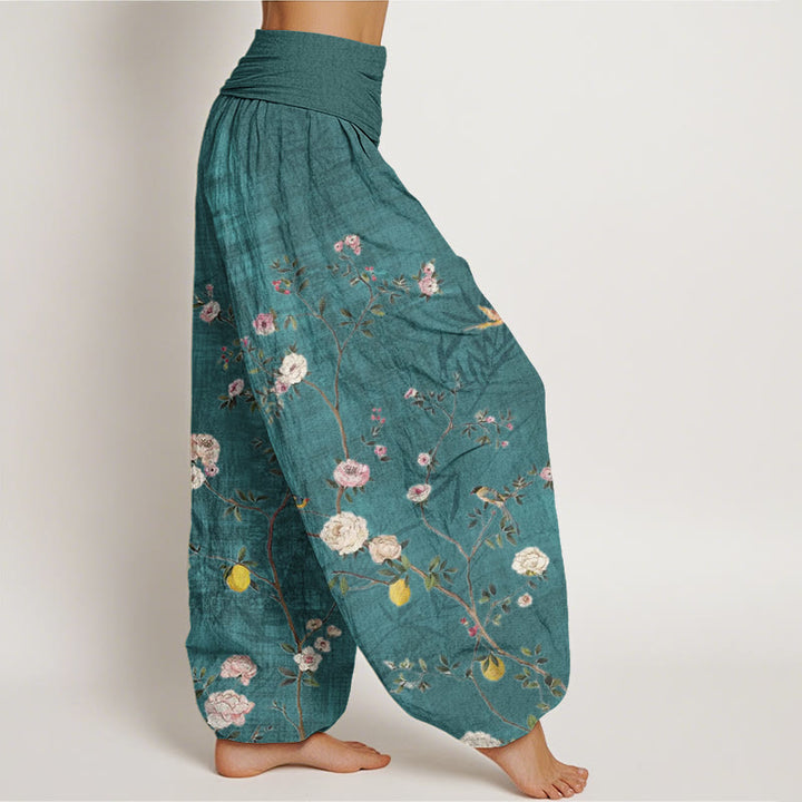 Pantalon Buddha Stones taille élastique pour femme, motif fleurs roses et blanches, feuilles de bambou et fruits - image 3
