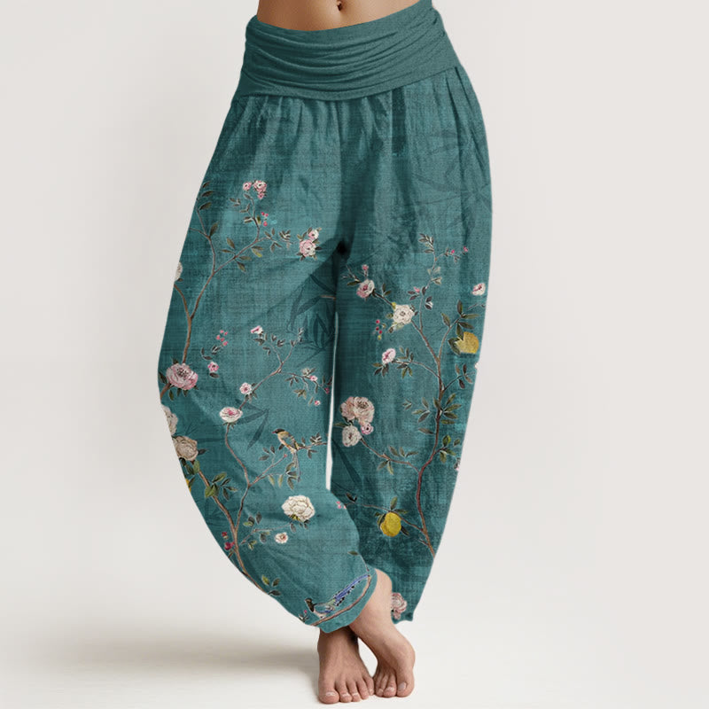 Pantalon Buddha Stones taille élastique pour femme, motif fleurs roses et blanches, feuilles de bambou et fruits - Cyan foncé - US22，UK/AU26，EU54 (6XL) - image 1