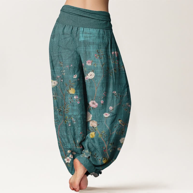 Pantalon harem à taille élastique pour femme, orné de Buddha Stones, de fleurs roses et blanches, de feuilles de bambou et de fruits, en coton rose. - image 1