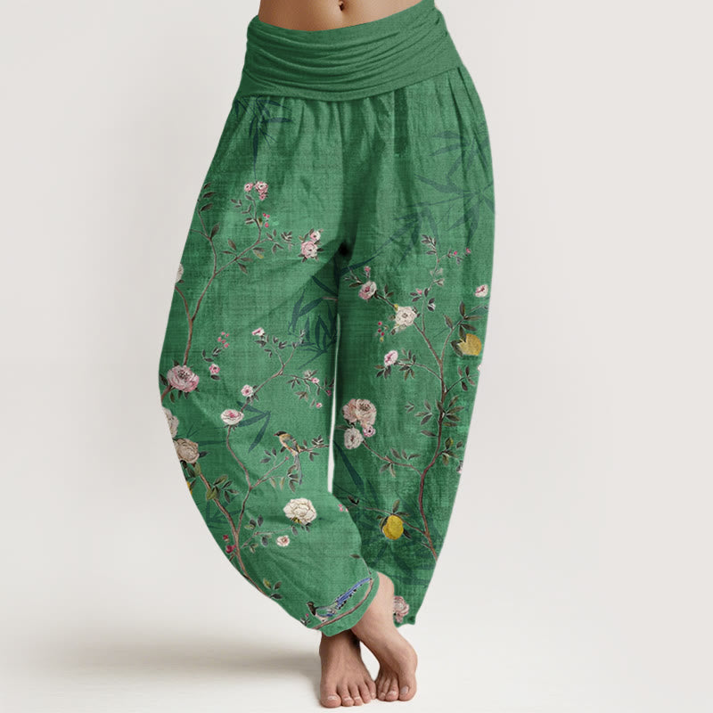 Pantalon Buddha Stones taille élastique pour femme, motif fleurs roses et blanches, feuilles de bambou et fruits - PrintempsVert - US22，UK/AU26，EU54 (6XL) - image 5