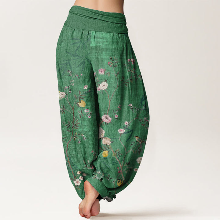 Pantalon Buddha Stones taille élastique pour femme, motif fleurs roses et blanches, feuilles de bambou et fruits - image 6