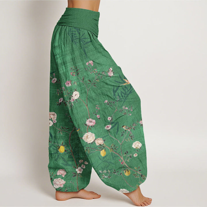 Pantalon Buddha Stones taille élastique pour femme, motif fleurs roses et blanches, feuilles de bambou et fruits - image 6