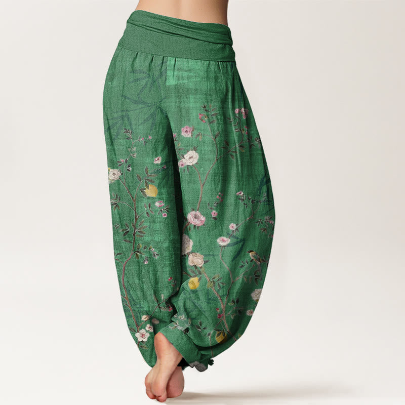 Pantalon Buddha Stones taille élastique pour femme, motif fleurs roses et blanches, feuilles de bambou et fruits - image 5
