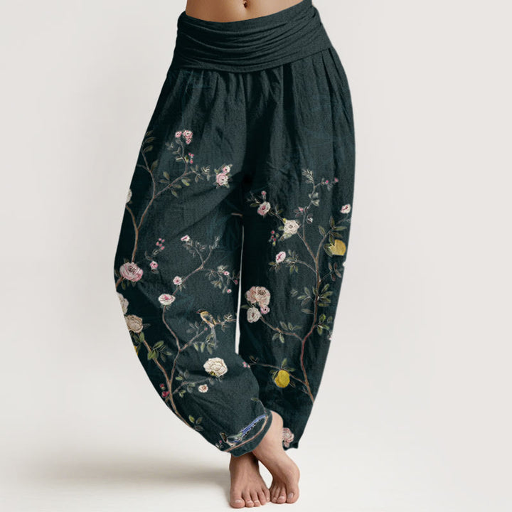 Pantalon Buddha Stones taille élastique pour femme, motif fleurs roses et blanches, feuilles de bambou et fruits - Noir - US22，UK/AU26，EU54 (6XL) - image 8