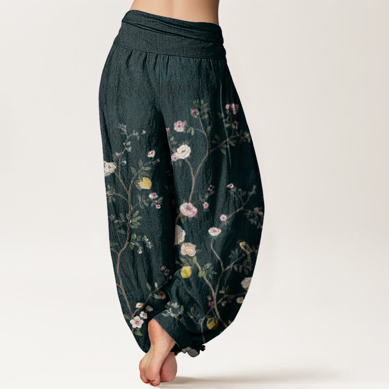 Pantalon Buddha Stones taille élastique pour femme, motif fleurs roses et blanches, feuilles de bambou et fruits - image 9