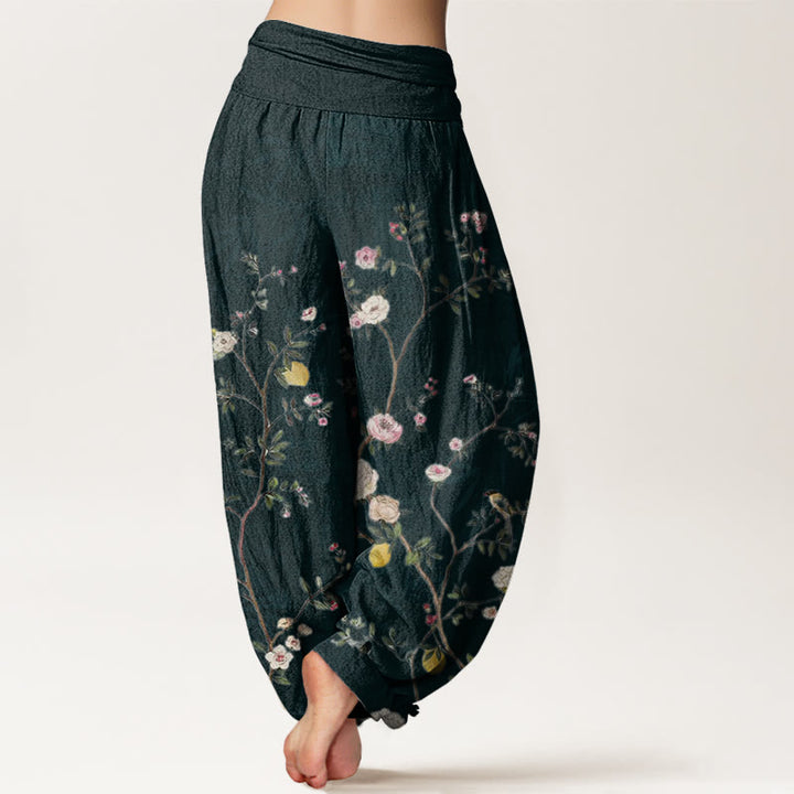 Pantalon Buddha Stones taille élastique pour femme, motif fleurs roses et blanches, feuilles de bambou et fruits - image 9