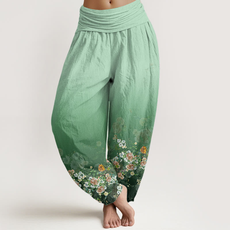 Pantalon sarouel à taille élastique pour femme, motif fleurs roses colorées, Buddha Stones - Bleu vert - US22，UK/AU26，EU54 (6XL) - image 1