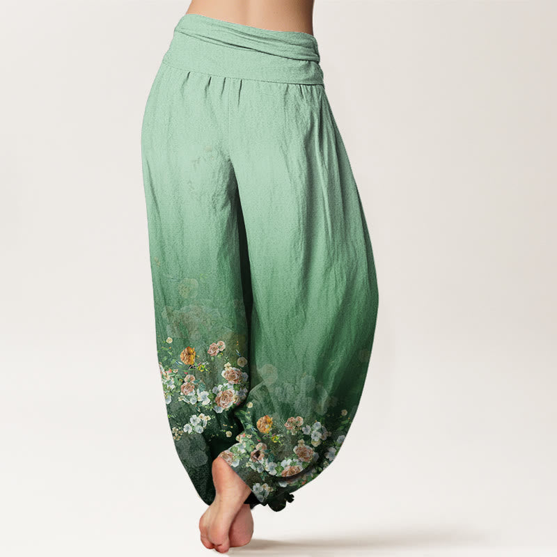 Pantalon sarouel à taille élastique pour femme, motif fleurs roses colorées, Buddha Stones - image 1
