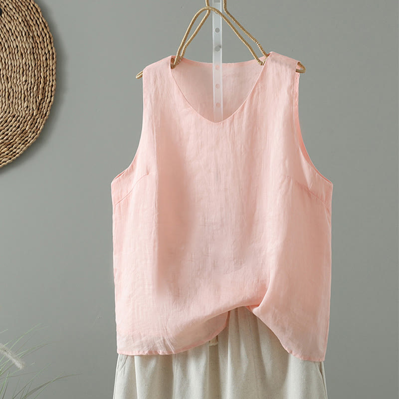 Gilet sans manches en coton à col en V et Buddha Stones vintage pour femme