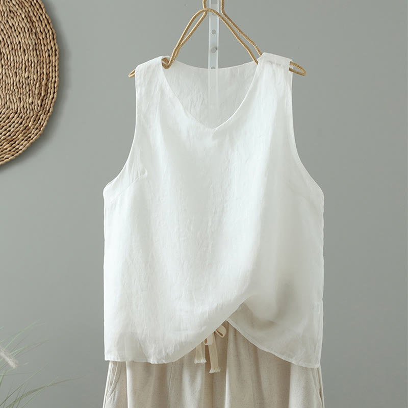 Gilet sans manches en coton à col en V et Buddha Stones vintage pour femme - Blanc - US8-10，UK/AU12-14，EU40-42 (2XL) - image 3