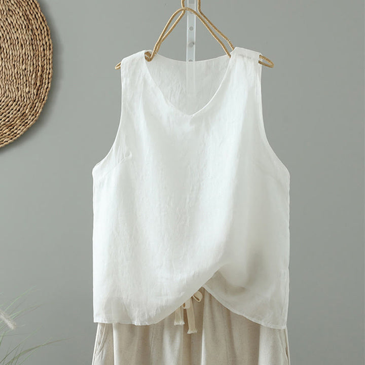 Gilet sans manches en coton à col en V et Buddha Stones vintage pour femme - Blanc - US8-10，UK/AU12-14，EU40-42 (2XL) - image 3