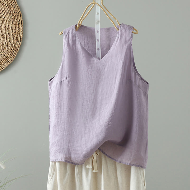Gilet sans manches en coton à col en V et Buddha Stones vintage pour femme