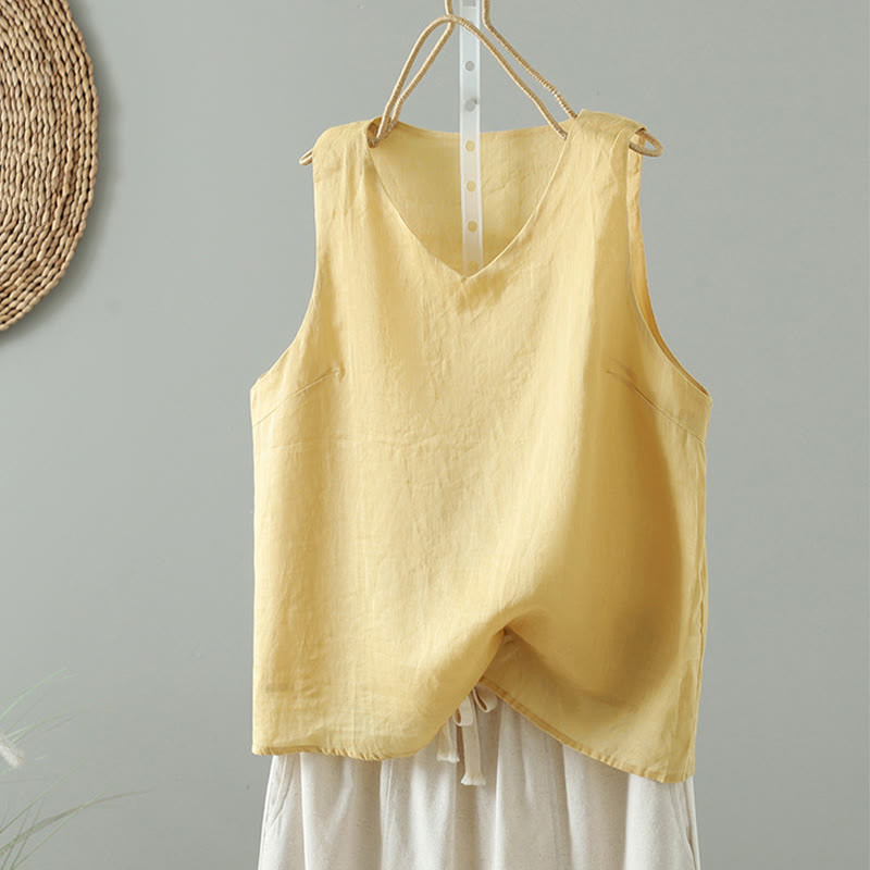 Gilet sans manches en coton à col en V et Buddha Stones vintage pour femme