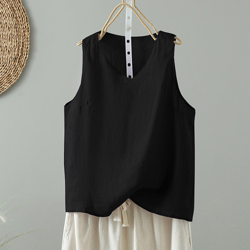 Gilet sans manches en coton à col en V et Buddha Stones vintage pour femme