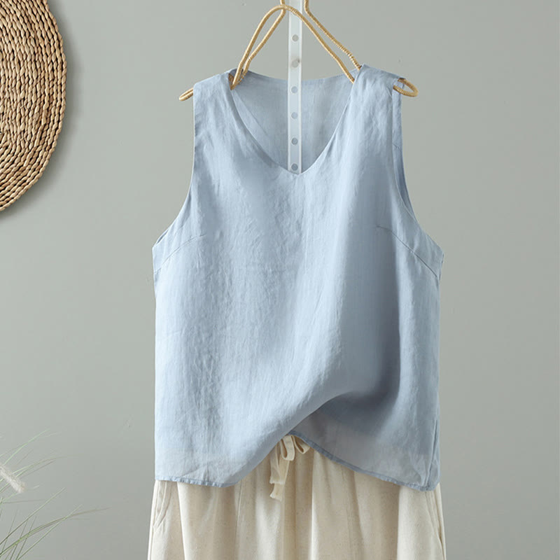Gilet sans manches à col en V, couleur unie, style vintage Buddha Stones - Bleu clair - US8-10，UK/AU12-14，EU40-42 (2XL) - image 0