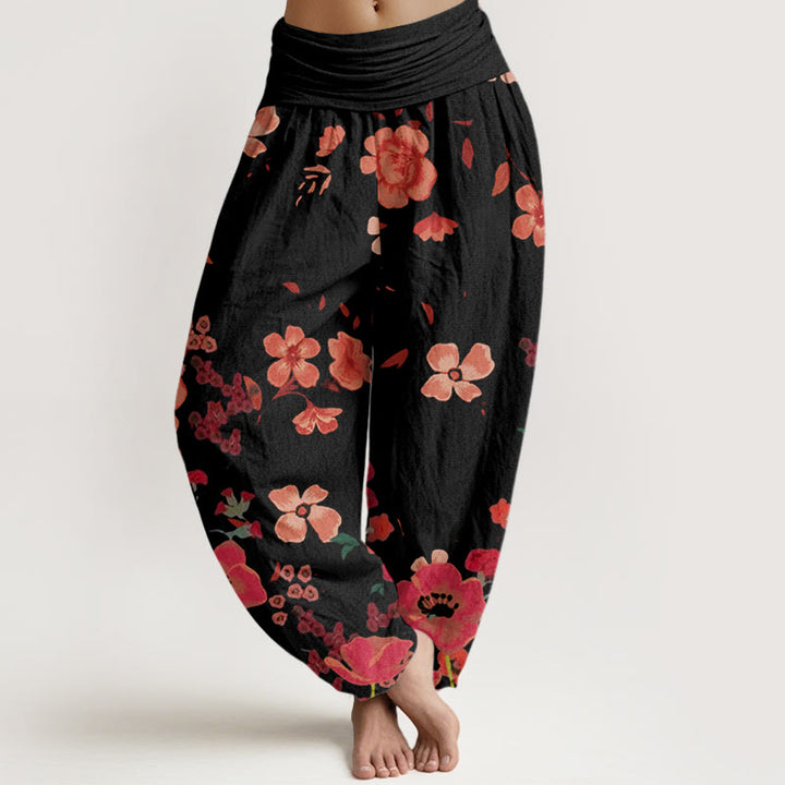 Pantalon harem à taille élastique pour femme, en coton, motif fleurs rouges et coquelicots, avec motif de Buddha Stones - Noir - US22，UK/AU26，EU54 (6XL) - image 0