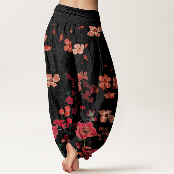 Pantalon harem à taille élastique pour femme, en coton, motif fleurs rouges et coquelicots, avec motif de Buddha Stones - image 1
