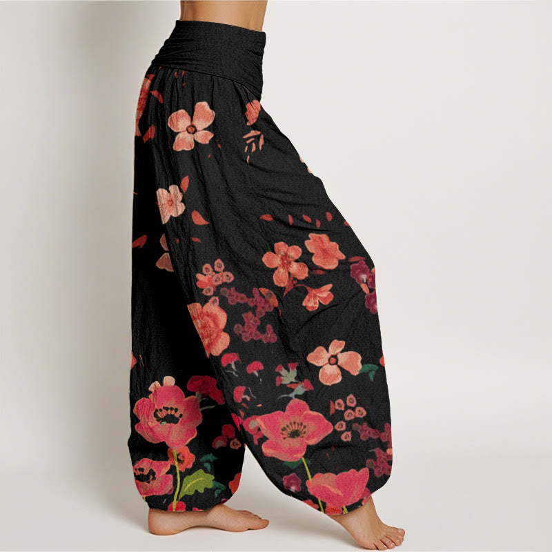 Pantalon harem à taille élastique pour femme, en coton, motif fleurs rouges et coquelicots, avec motif de Buddha Stones - image 2