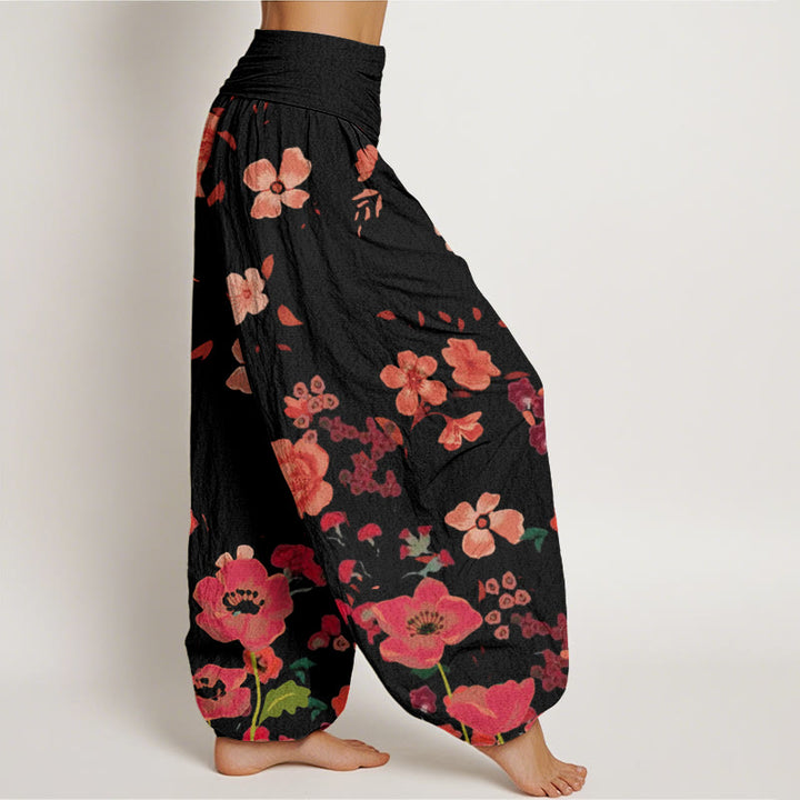 Pantalon harem à taille élastique pour femme, en coton, motif fleurs rouges et coquelicots, avec motif de Buddha Stones - image 2
