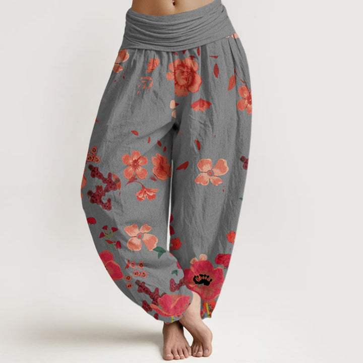 Pantalon harem à taille élastique pour femme, en coton, motif fleurs rouges et coquelicots, avec motif de Buddha Stones - Gris clair - US22，UK/AU26，EU54 (6XL) - image 4