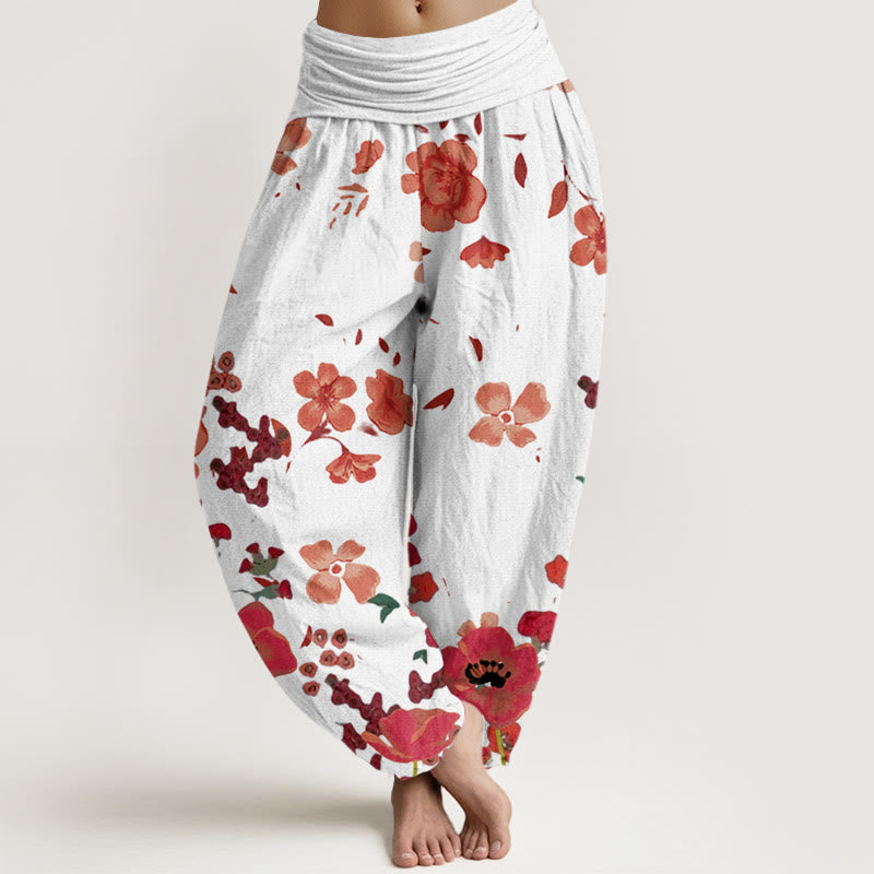 Pantalon harem à taille élastique pour femme, en coton, motif fleurs rouges et coquelicots, avec motif de Buddha Stones - Beige - US22，UK/AU26，EU54 (6XL) - image 7