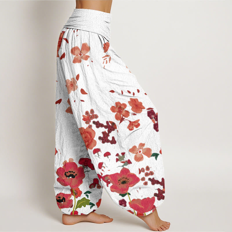 Pantalon harem à taille élastique pour femme, en coton, motif fleurs rouges et coquelicots, avec motif de Buddha Stones - image 9