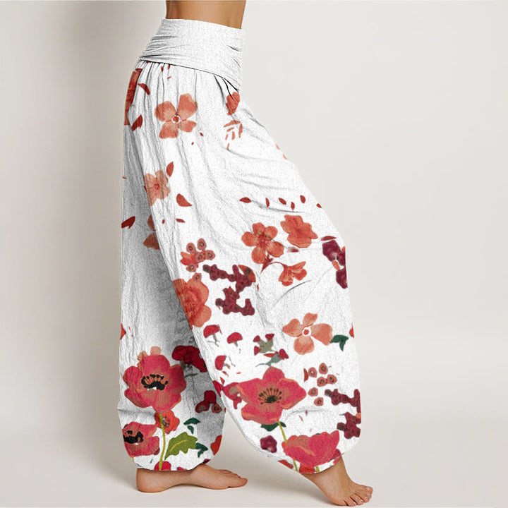 Pantalon harem à taille élastique pour femme, en coton, motif fleurs rouges et coquelicots, avec motif de Buddha Stones - image 9