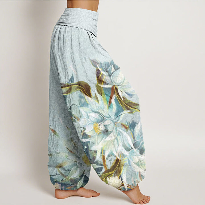 Pantalon harem à taille élastique pour femme, en coton, motif fleurs d'épiphyllum et Buddha Stones - image 2