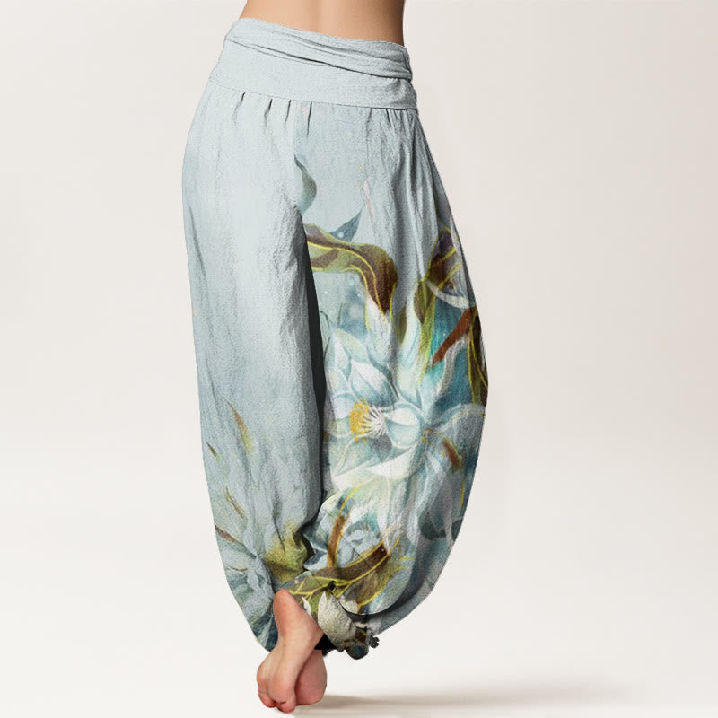 Pantalon harem à taille élastique pour femme, en coton, motif fleurs d'épiphyllum et Buddha Stones - image 1