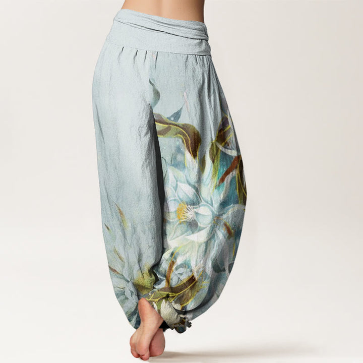 Pantalon harem à taille élastique pour femme, en coton, motif fleurs d'épiphyllum et Buddha Stones - image 1
