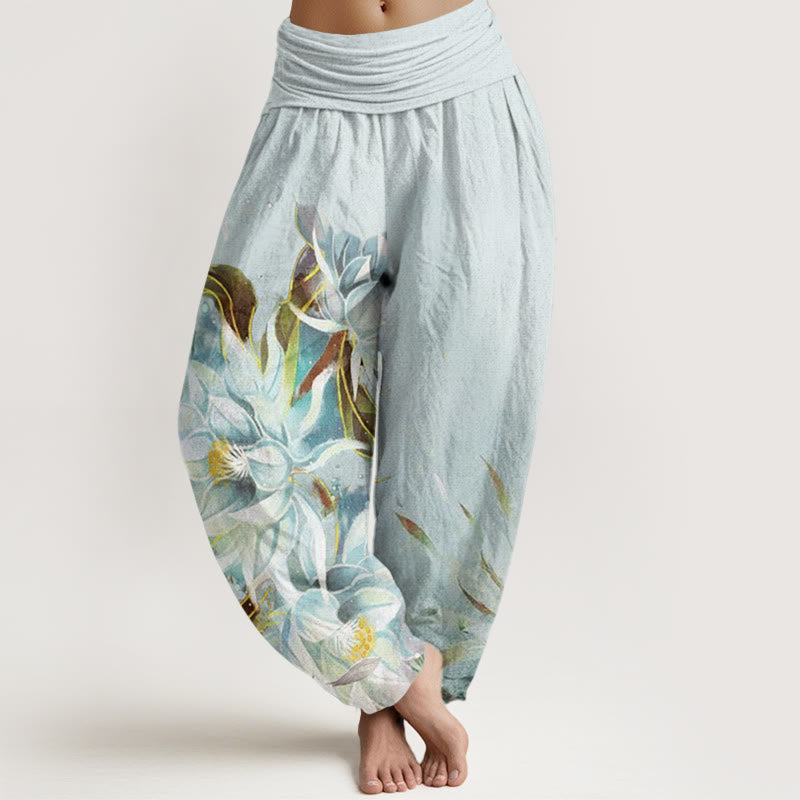 Pantalon harem à taille élastique pour femme, en coton, motif fleurs d'épiphyllum et Buddha Stones - Cyan clair - US22，UK/AU26，EU54 (6XL) - image 0