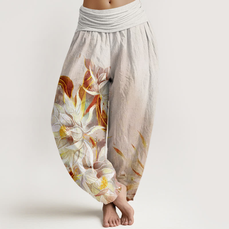Pantalon sarouel à taille élastique pour femme, motif fleurs d'épiphyllum et Buddha Stones - Beige - US22，UK/AU26，EU54 (6XL) - image 5