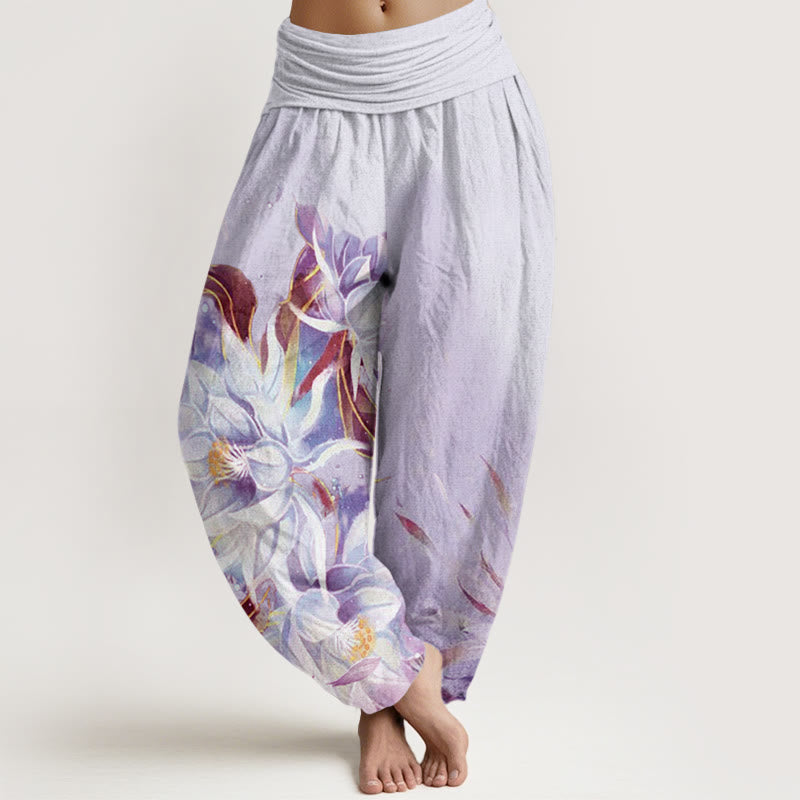 Pantalon harem à taille élastique pour femme, en coton, motif fleurs d'épiphyllum et Buddha Stones - Lavande - US22，UK/AU26，EU54 (6XL) - image 7