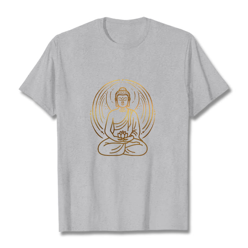 T-shirt Buddha Stones Méditation Dorée Bouddha Halo Tenant Une Fleur De Lotus - Gris clair - 2XL - image 19
