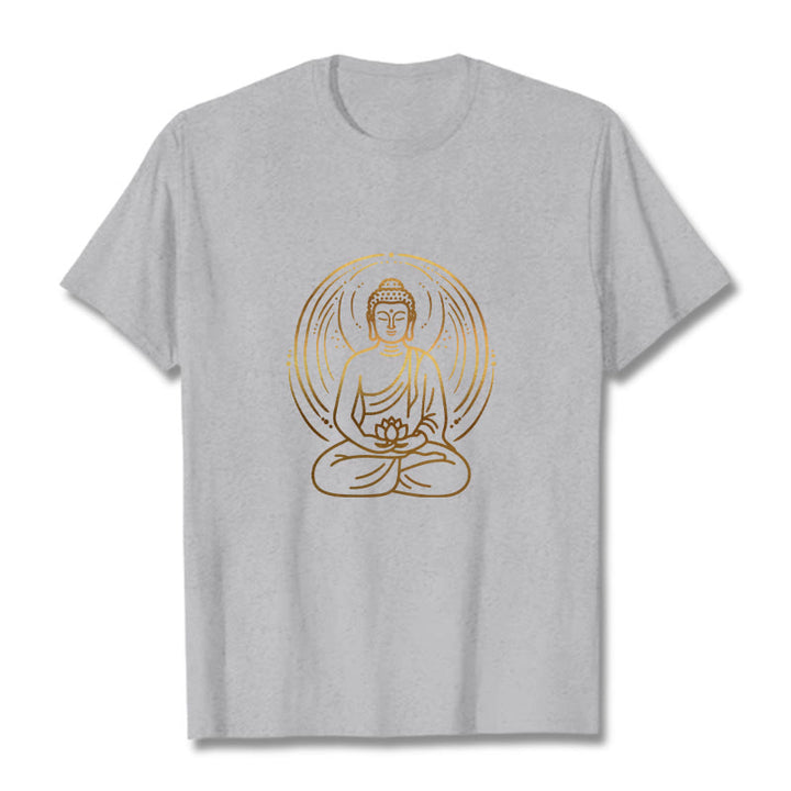 T-shirt Buddha Stones Méditation Dorée Bouddha Halo Tenant Une Fleur De Lotus - Gris clair - 2XL - image 19