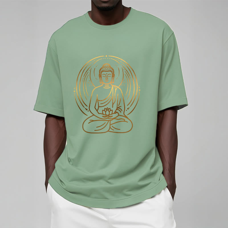 T-shirt Buddha Stones Méditation Dorée Bouddha Halo Tenant Une Fleur De Lotus - image 16