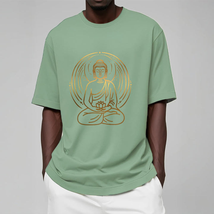 T-shirt Buddha Stones Méditation Dorée Bouddha Halo Tenant Une Fleur De Lotus - image 15