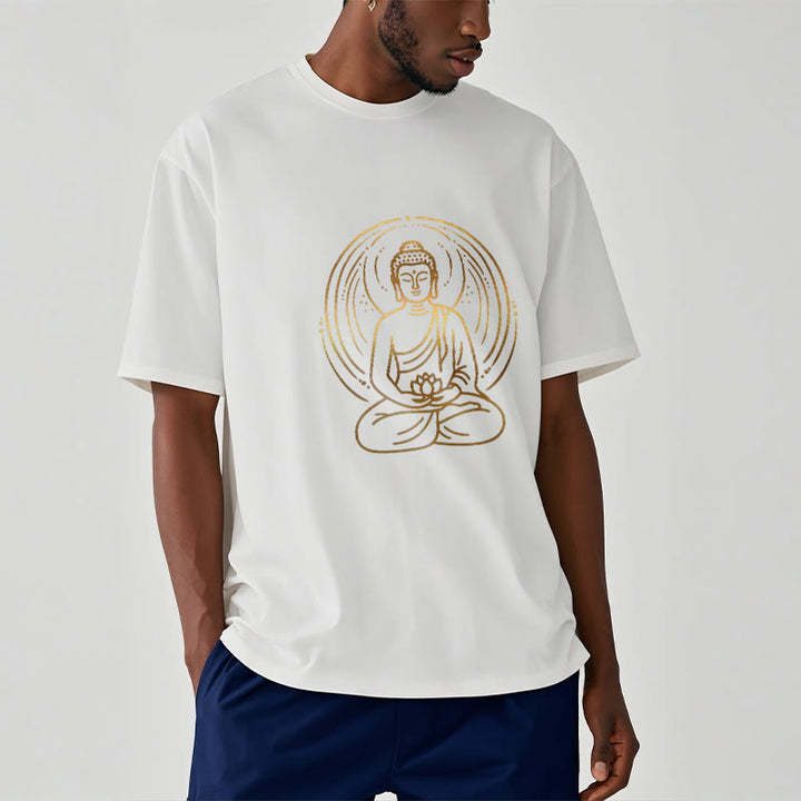T-shirt Buddha Stones Méditation Dorée Bouddha Halo Tenant Une Fleur De Lotus - image 8
