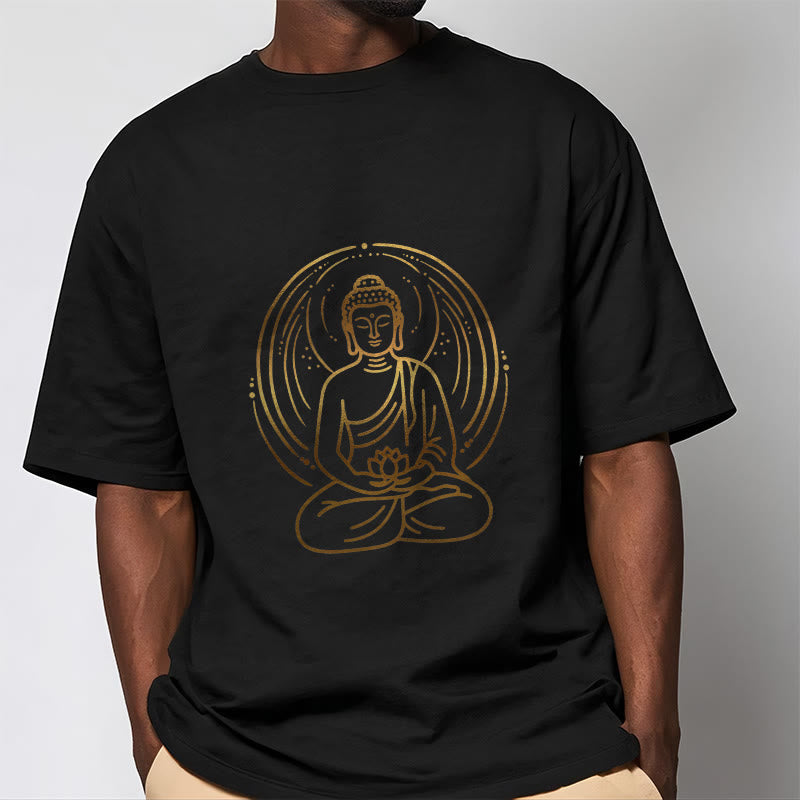 T-shirt Buddha Stones Méditation Dorée Bouddha Halo Tenant Une Fleur De Lotus - image 4
