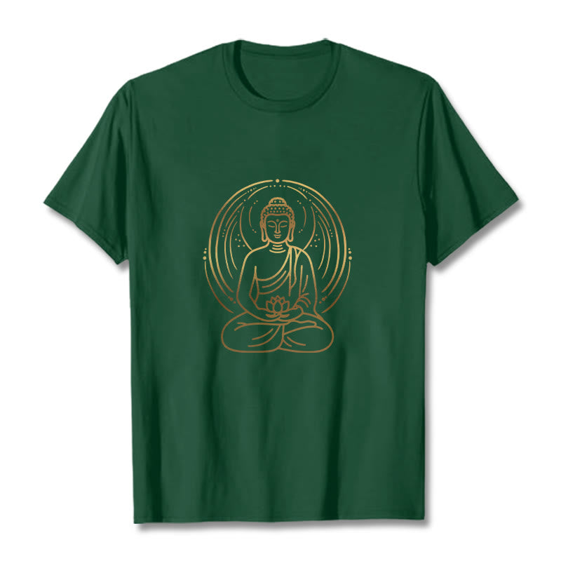 T-shirt Buddha Stones Méditation Dorée Bouddha Halo Tenant Une Fleur De Lotus - Vert forêt - 2XL - image 0