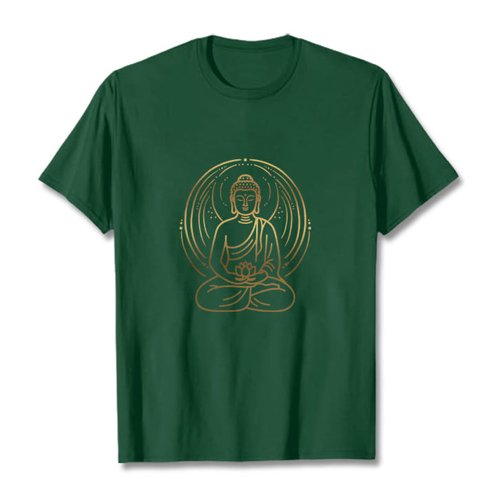 T-shirt Buddha Stones Méditation Dorée Bouddha Halo Tenant Une Fleur De Lotus - Vert forêt - 2XL - image 0
