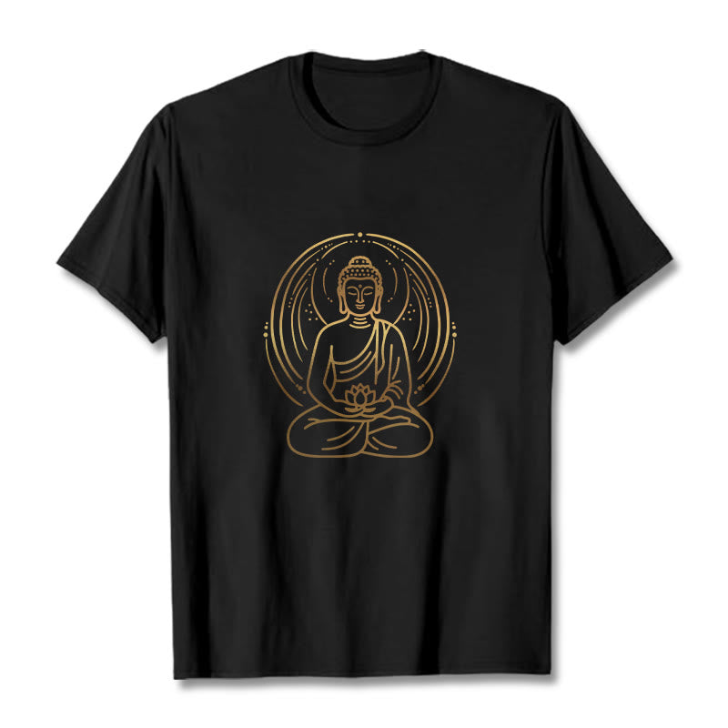 T-shirt Buddha Stones Méditation Dorée Bouddha Halo Tenant Une Fleur De Lotus - Noir - 2XL - image 3