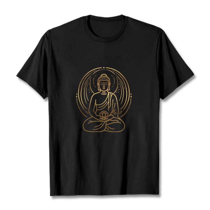 T-shirt Buddha Stones Méditation Dorée Bouddha Halo Tenant Une Fleur De Lotus - Noir - 2XL - image 3