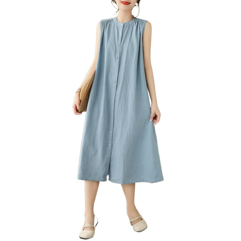 Robe mi-longue plissée à simple boutonnage et sans manches en coton et lin avec Buddha Stones