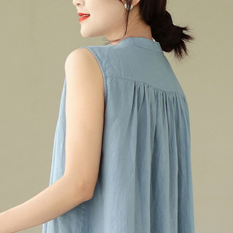 Robe mi-longue plissée à simple boutonnage et sans manches en coton et lin avec Buddha Stones - image 16