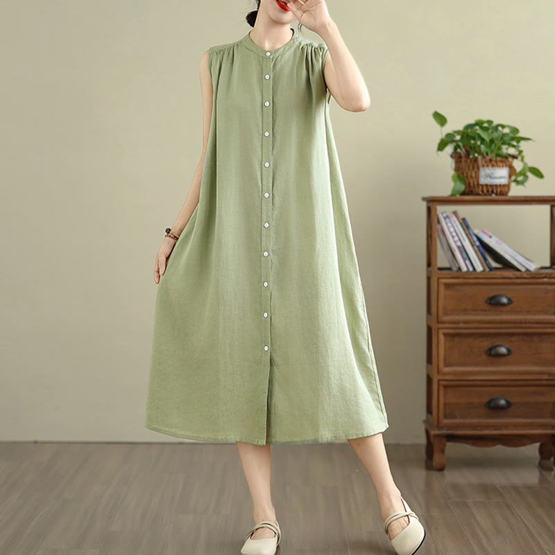 Robe mi-longue plissée à simple boutonnage et sans manches en coton et lin avec Buddha Stones
