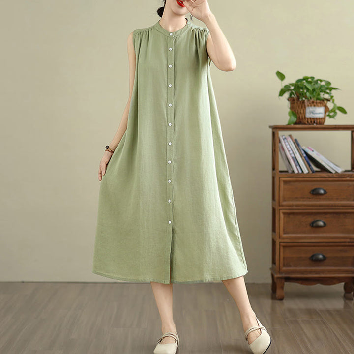 Robe mi-longue plissée à simple boutonnage et sans manches en coton et lin avec Buddha Stones
