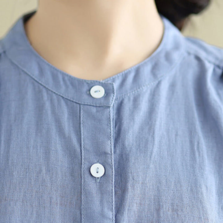 Robe mi-longue plissée à simple boutonnage et sans manches en coton et lin avec Buddha Stones
